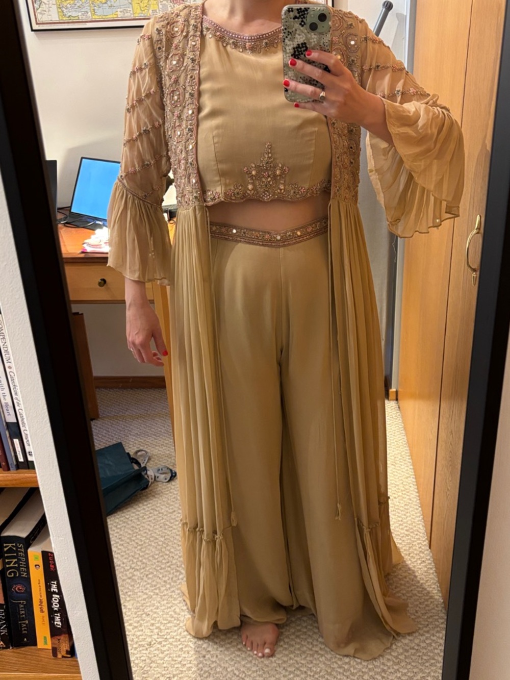 Beige Desi-glam Indo-western 3-piece formal set (top, palazzo pants and jacket)